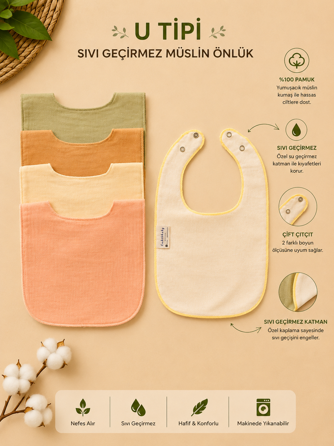 5'li Set Sıvı Geçirmez Mama & Salya Önlüğü | %100 Pamuk | Çıtçıtlı