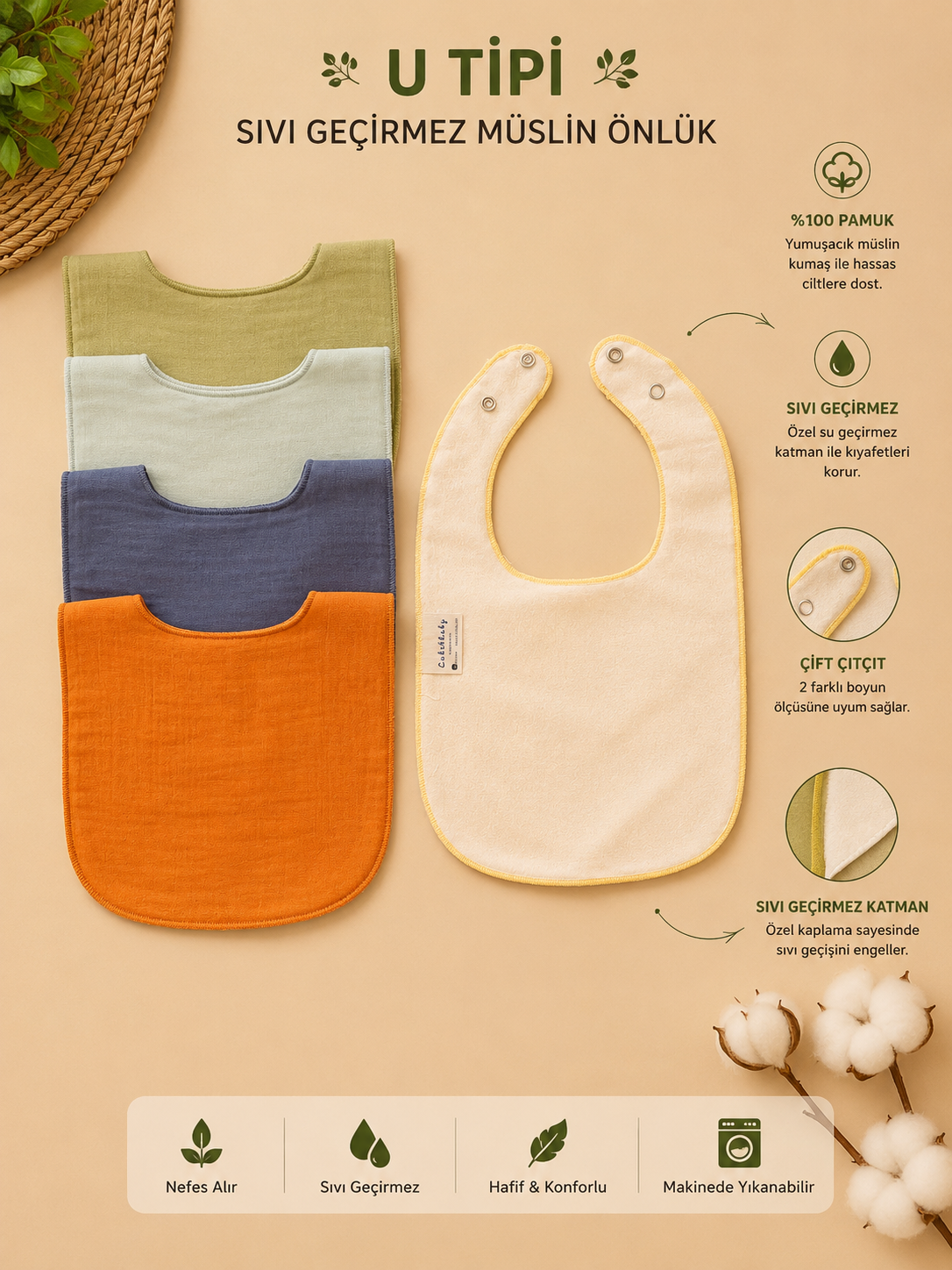 5'li Set Sıvı Geçirmez Mama & Salya Önlüğü | %100 Pamuk | Çıtçıtlı