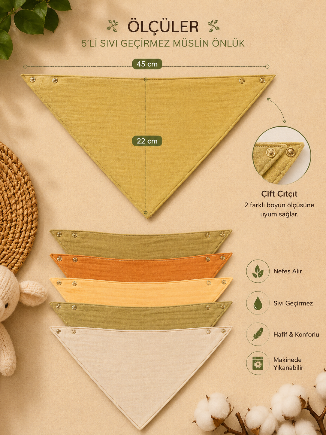 5'li Set Sıvı Geçirmez Fular Önlük - Renkli | %100 Pamuk