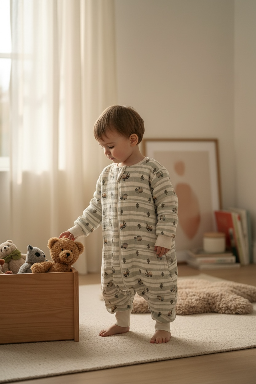 Uzun Kollu Penye Astarlı Müslin Uyku Tulumu | 1.5 TOG - 4 Kat Müslin - %100 Pamuk