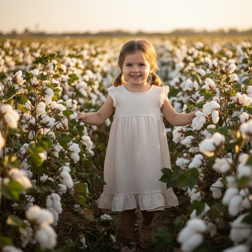 Pure Cotton Breeze – Ekru Müslin Kız Çocuk Elbise