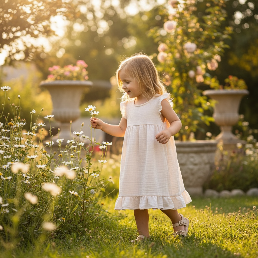 Pure Cotton Breeze – Ekru Müslin Kız Çocuk Elbise