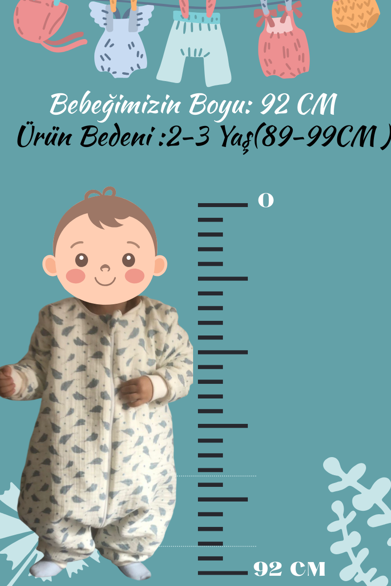 Uzun Kollu Penye Astarlı 4 Kat Müslin Uyku Tulumu (1.5 TOG)(OUTLET)