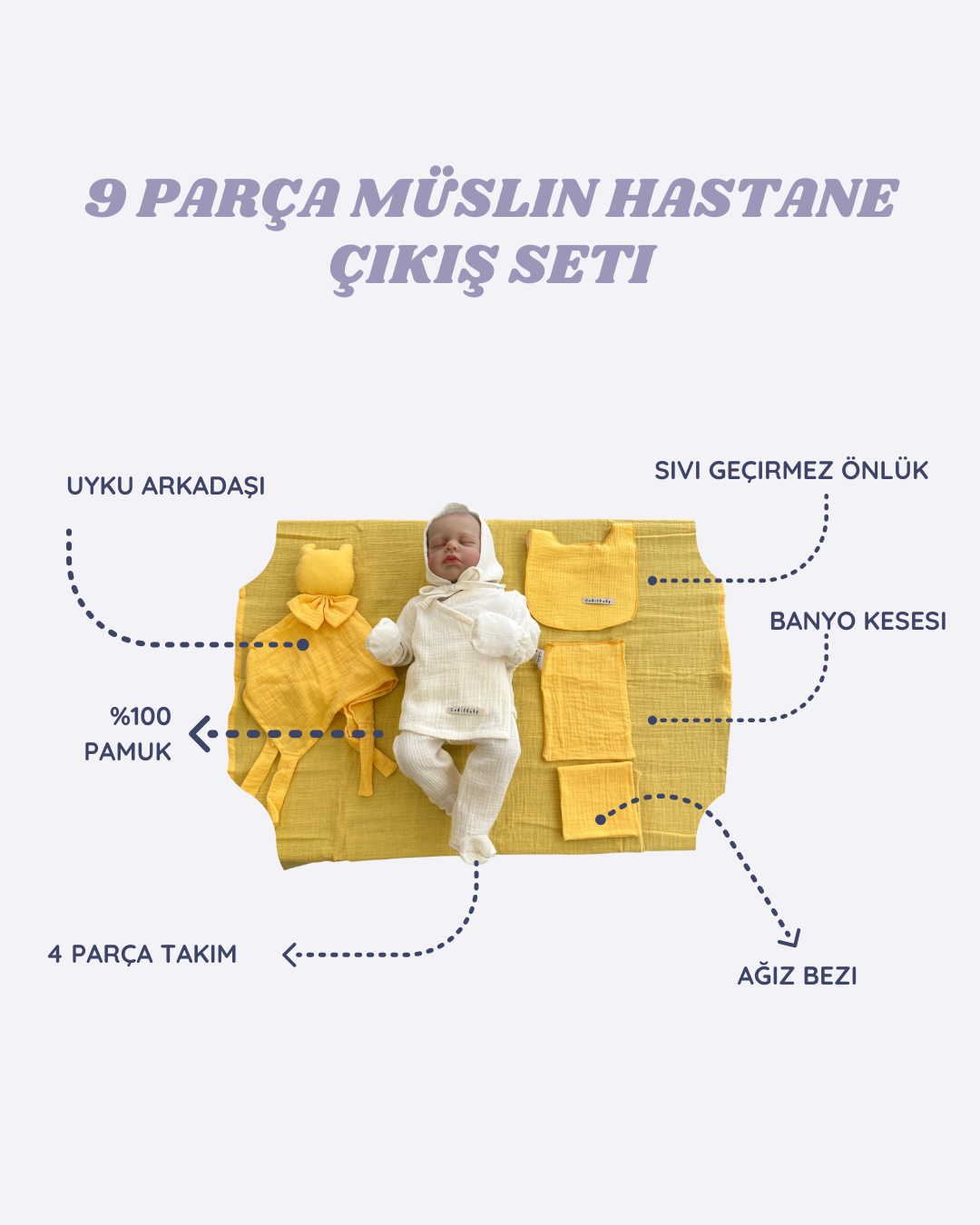 Çift Kat Müslin Yenidoğan Seti - Hepsi Bir Arada | %100 Pamuk | 9 Parça