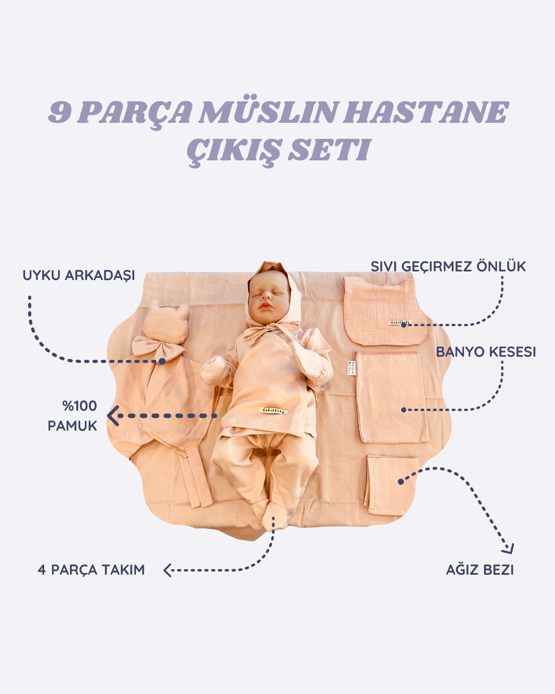 Çift Kat Müslin Yenidoğan Seti - Hepsi Bir Arada | %100 Pamuk | 9 Parça